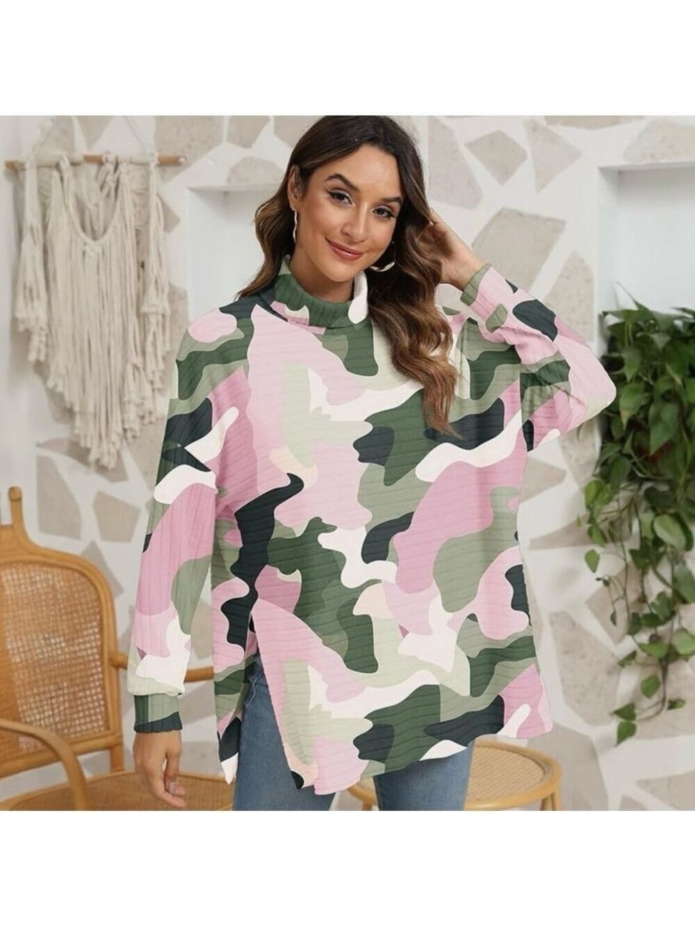 Pink Camouflage Mock Turtleneck Long Sleeve Tunic NWOT